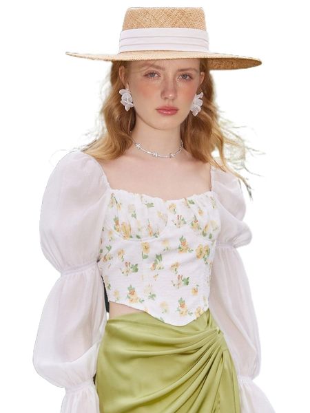 

sweetheart floral print asymmetrical hem gathered sleeve i6gd#, White