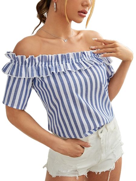

vertical striped off shoulder frill trim blouse c3up#, White