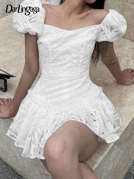 

darlingaga korean fashion square collar jacquard white dress for women elegant ruffles patchwork pleated summer dress mini short, Black;gray