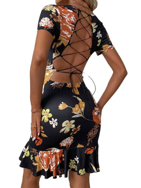 

floral lace up backless ruffle hem bodycon dress i3he#, Black;gray