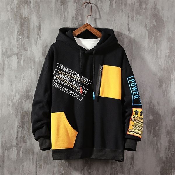 

autumn large size patchwork hoodie men color block sweatshirt brand trend contrast color stitching long sleeve men lj200918, Black