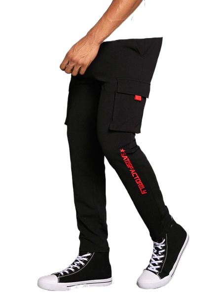 

men letter & star print flap pocket cargo pants 66ri#, Black