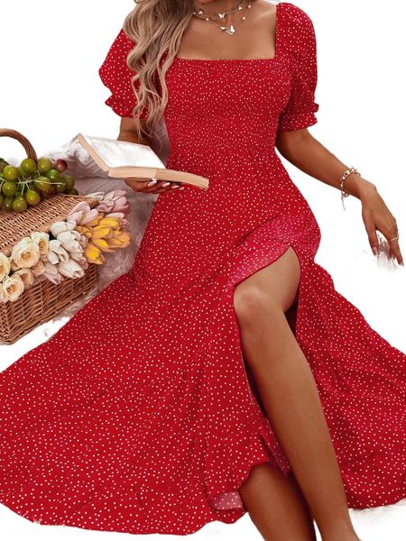 

polka dot shirred puff sleeve split thigh ruffle hem dress w1ge#, Black;gray