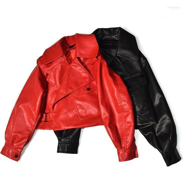 Damenjacken Frühling Herbst Frauen Lederkleidung Schwarz Rot PU Jacke Unregelmäßiger Mantel Hohe Taille Lokomotive Kleidung Outwear 2022