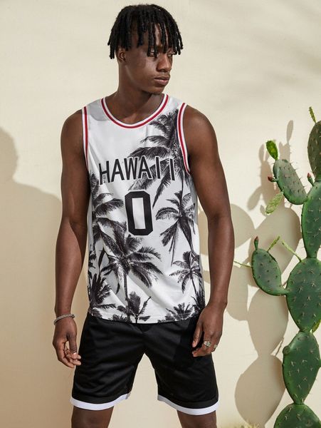 

men coconut tree & letter graphic contrast trim tank & shorts o8ec#, Gray
