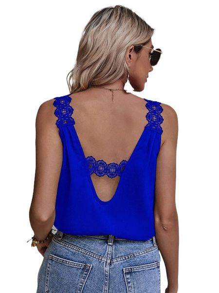 

contrast guipure lace sleeveless blouse t43l#, White