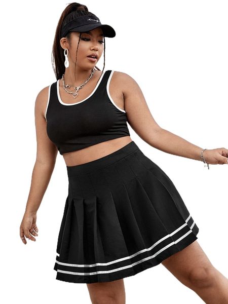 

plus contrast tape striped pleated skirt v19y#, Black