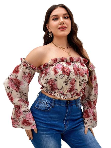 

plus floral print off shoulder flounce sleeve crop 64nq#, Black
