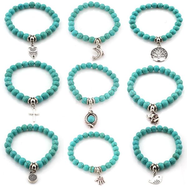 

turquoises elastic blue beaded bracelet for women natural stone stretch bracelet cross eyes tree elephant charm bracelet jewelry, Golden;silver