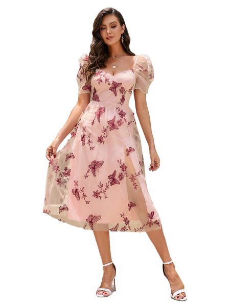 

double crazy butterfly embroidery sweetheart neck puff sleeve mesh dress i56t#, Black;gray