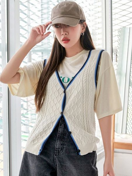

dazy chevron knit striped trim vest cardigan d8i4#, White;black