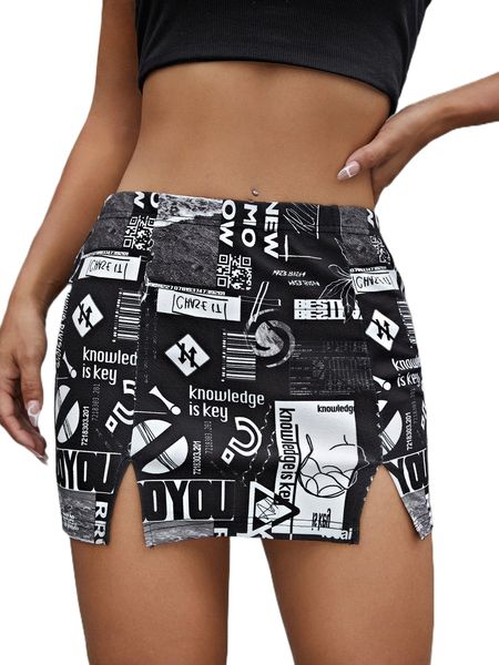 

geo & slogan graphic split hem skirt i5l9#, Black