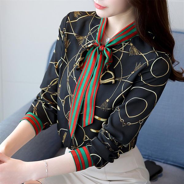 

2018 new fashion chiffon shirt women long-sleeved korean printing bow retro ladies blouse new autumn y190427295t, White