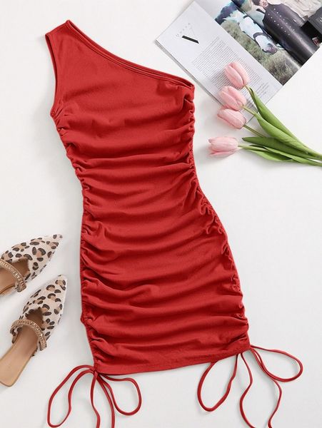 

one shoulder ruched knot side bodycon dress 93k9#, Black;gray