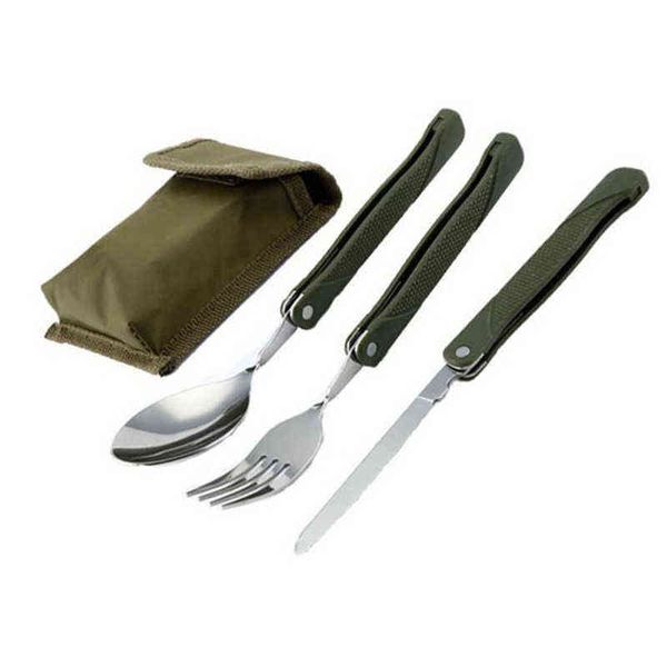 Langer Kochgeschirr-Rucksack, Spork-Gabel, Klappmesser aus Edelstahl, Utensilien-Löffel-Set-Kombination, Picknick-Camp-Besteck, Geschirr, Besteck Y220530