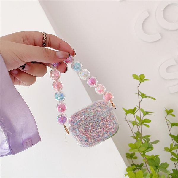 

ins color earphoen cases crystal bracelet chain foam ball transparent pc hard cover for apple airpods 1 2 pro glitter air pods earphone acce