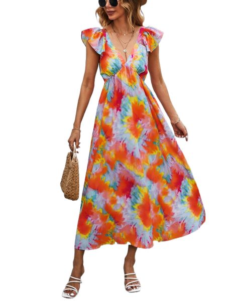 

tie dye flutter sleeve dress d0qe#, Black;gray