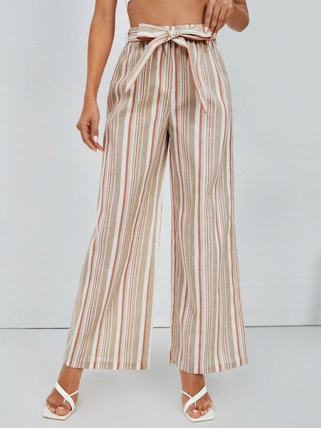 

vertical striped belted wide leg pants 61gk#, Black;white