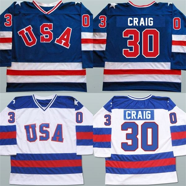 Mit Mens 30 Jim Craig Jersey 1980 Miracle On Maglie da hockey su ghiaccio 100% ricamo cucito Team USA Maglie da hockey Blu Bianco S-3XL