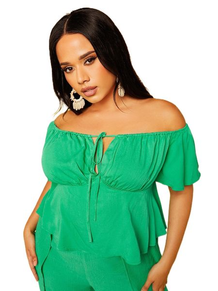 

plus off shoulder knot front peplum blouse a0ol#, Black