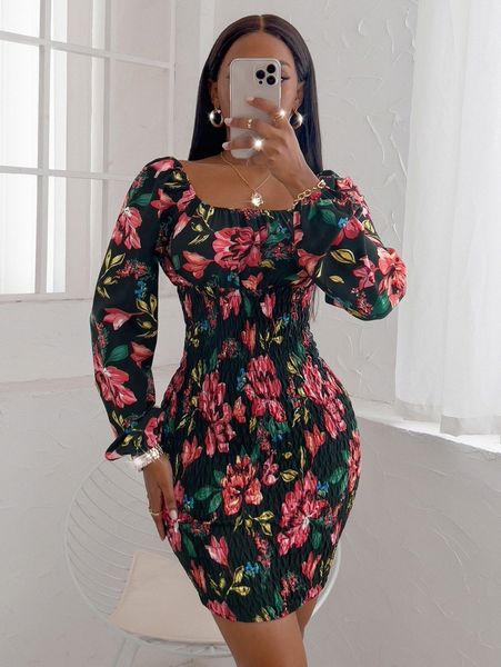 

random floral print shirred lantern sleeve dress x0m9#, Black;gray