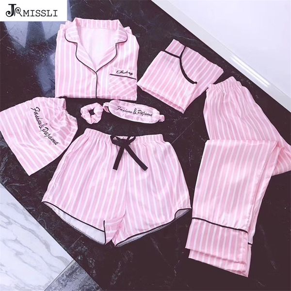 Jrmissli pijamas mulheres 7 peças rosa pijamas conjuntos de cetim seda sexy lingerie casa wear sleepwear pijamas conjunto pijama mulher 220321