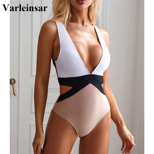 

6 colors new padded v neck one piece swimsuit women swimwear female backless monokini bather bathing suit swim lady v2057, White;black