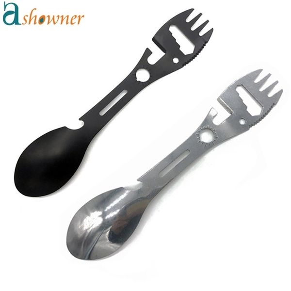 

camping fork spoon multi function 5 in 1 integrated outdoor picnic cutting knife bottle can opener 220714