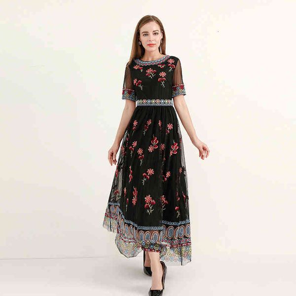 

casual dresses 2022 summer high-end temperament mesh long skirt heavy industry embroidered high waist short sleeve dress women imog, Black;gray