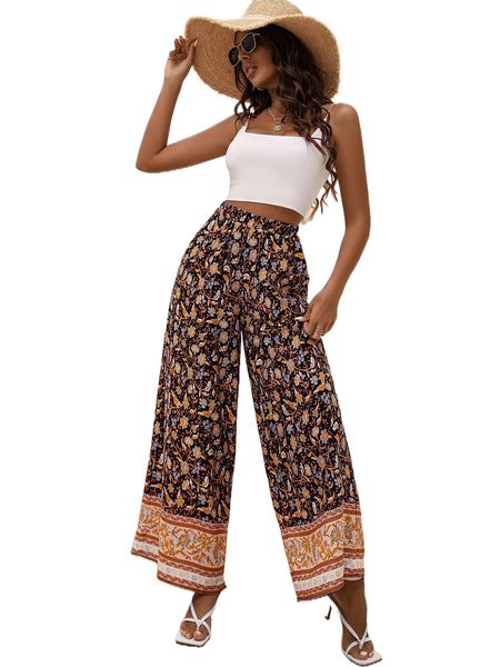 

high waist floral print wide leg pants e5dp#, Black;white