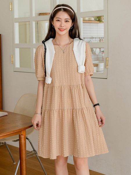 

dazy textured puff sleeve ruffle hem smock dress 70m9#, Black;gray