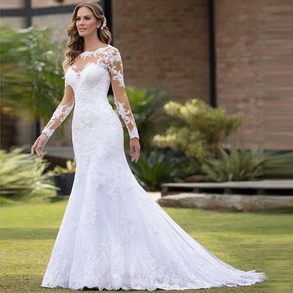 

2022 new bridal lace long sleeve mermaid wedding dress slim round neck light trailing perspective covering arms temperament sen women wed dr, White