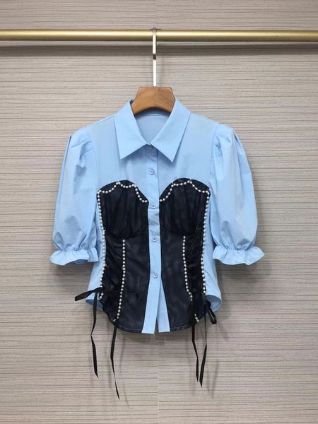 

european luxury women's jackets lace up mesh stitched beaded shirt top, Black;brown