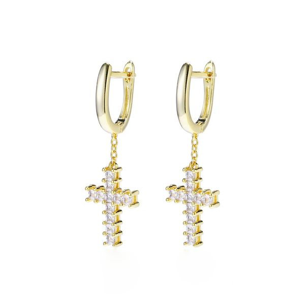 Brincos de argolas cruzadas de hip hop Brincos de zirc￣o branco 18K Real Gold /Platinum banhado