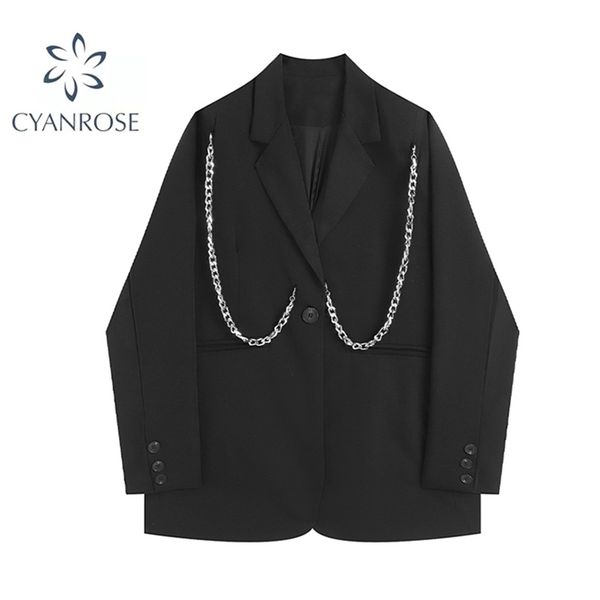

autumn women blazer metal chain streetwear hip hop punk gothic loose black blazers coat youth female casual suit jacket 220513, White;black