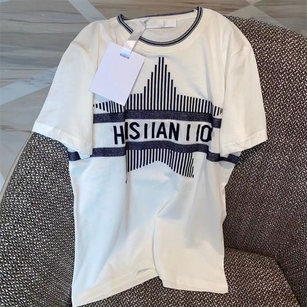 

warehouse clothing spring and summer new style five pointed star gold embroidered round neck rib women's t-shirt outlet_31d5, White