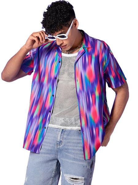 

men allover print button up shirt e1es#, White;black