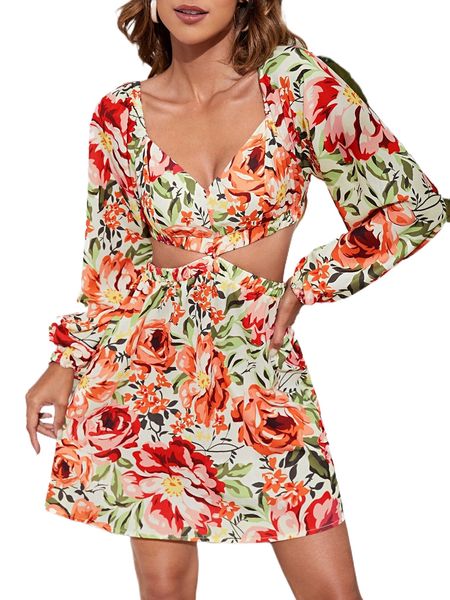 

floral print cut out lantern sleeve dress r7l6#, Black;gray