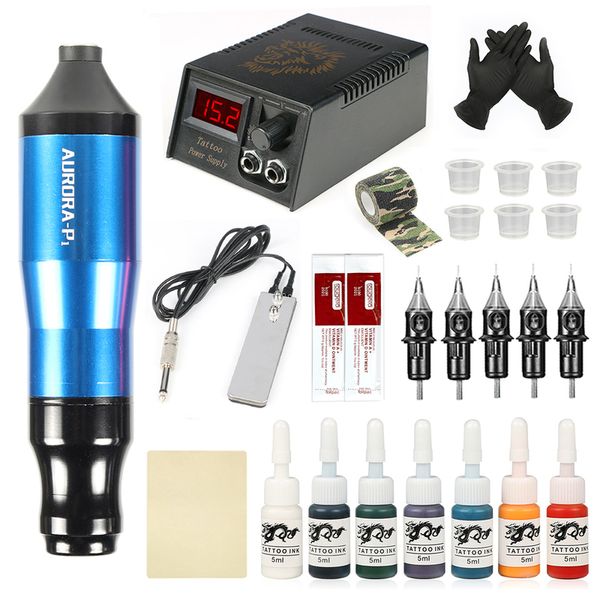 Tattoo Rotary Ink Pen Set Aurora P1 LCD Netzteil Patronen Nadeln Kit Professionelle Maschine Körperkunst und Zubehör 220617