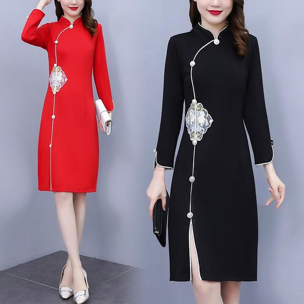 Vestidos casuais outono aprimorado cheongsam stand colar bordado vintage bifury fivela estilo chinês vestido vermelho slim ladies