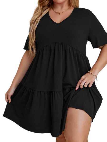 

plus ruffle hem smock dress 21sw#, Black