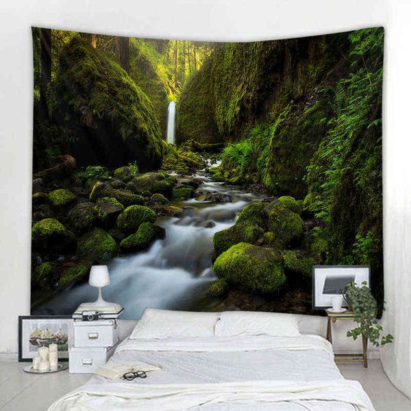 Boho Wall Background Decorazione Camera da letto Soggiorno Arazzo Forest Creek Waterscape Curtain J220804