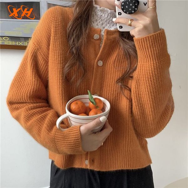 

autumn korean fashion long-sleeved knitted cardigan sweater coat casual button v neck solid female 2021, White;black