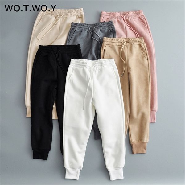 Wotwoy Casual Chammy White Khaki Pants Женщины 2020 High Pocketing Pockets Талию Зимние женские брюки густая теплая леди бегунов LJ200819