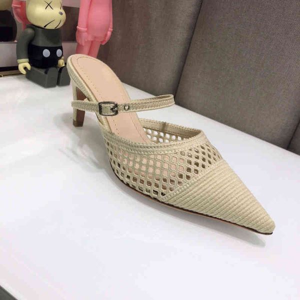 

sandals high heeled shoes women's bag head semi slippers wear summer net red muller lazy pointed thin heel sandals, Black