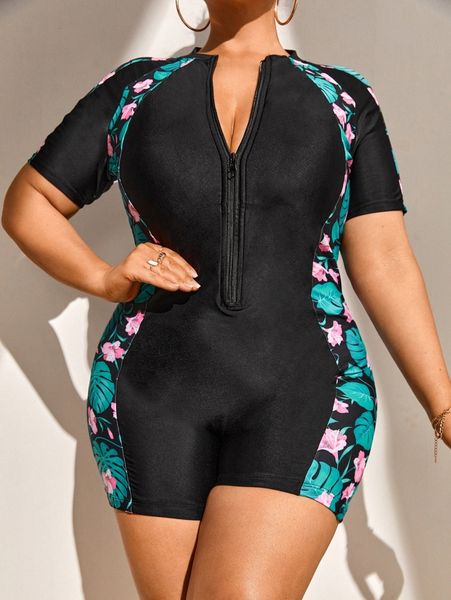 

plus tropical print zip front one piece swimsuit w9u8#, White;black