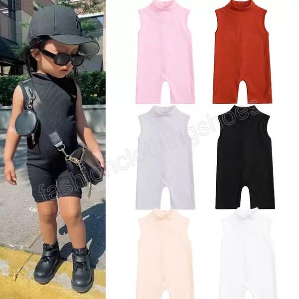 

summer children rompers girls' pullover jumpsuits cotton solid color pit strip children's sleeveless jumpsuit kids ribbed romper c, Blue