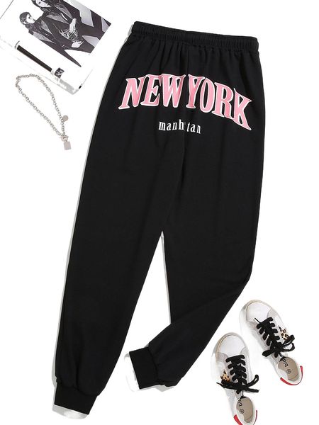 

letter graphic drawstring waist sweatpants v77z#, Black;white