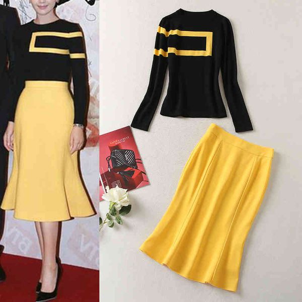 

women's two piece pants autumn and winter temperament women's suit contrast geometric pattern sweater fishtail skirt two piece set, White