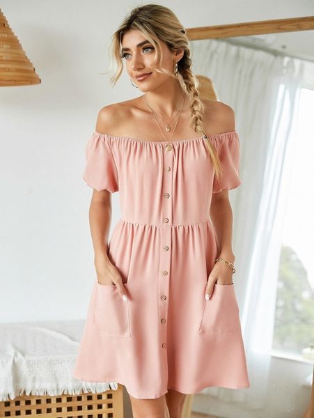 

off shoulder pocket patched dress i7et#, Black;gray